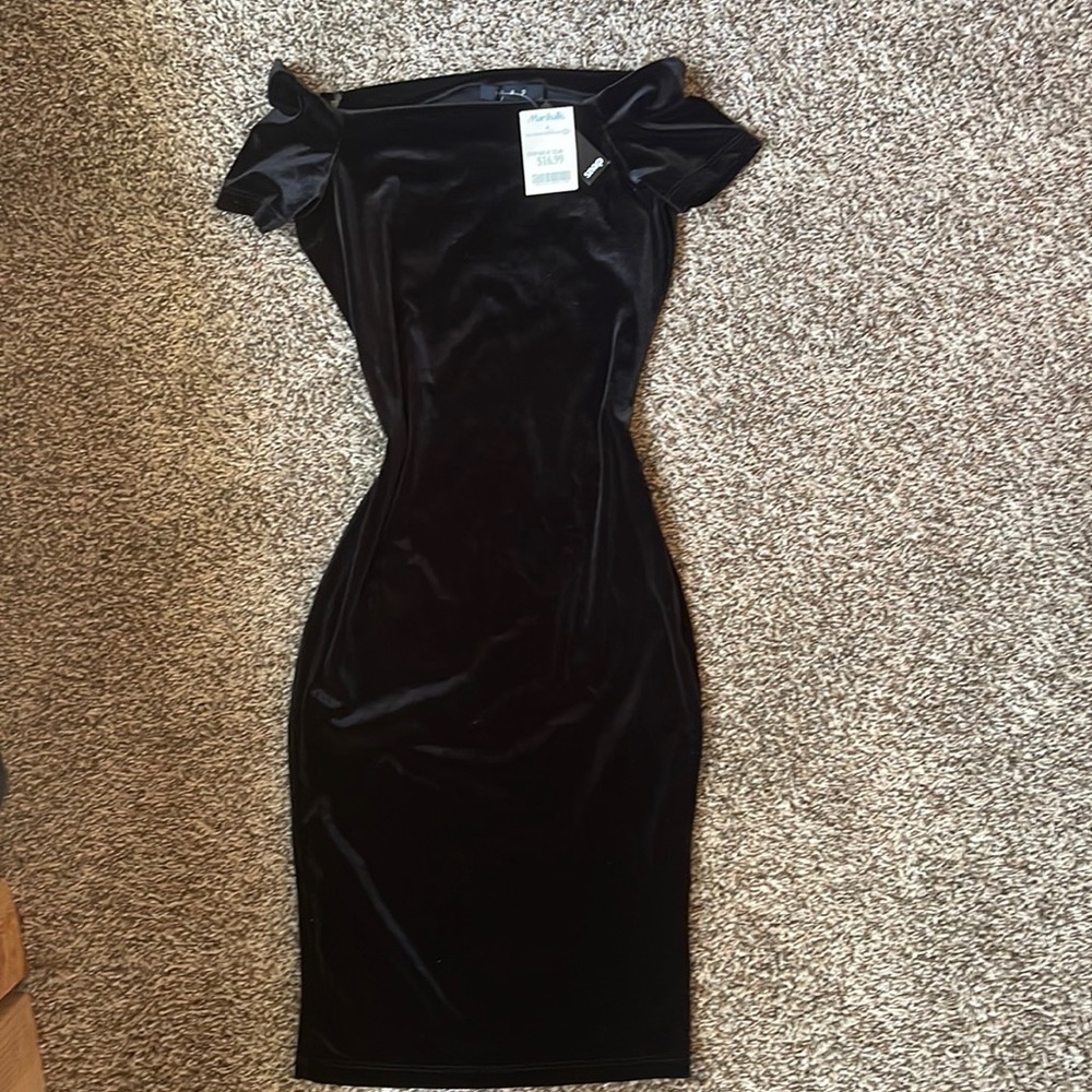 Black velvet off the shoulder fitted dress